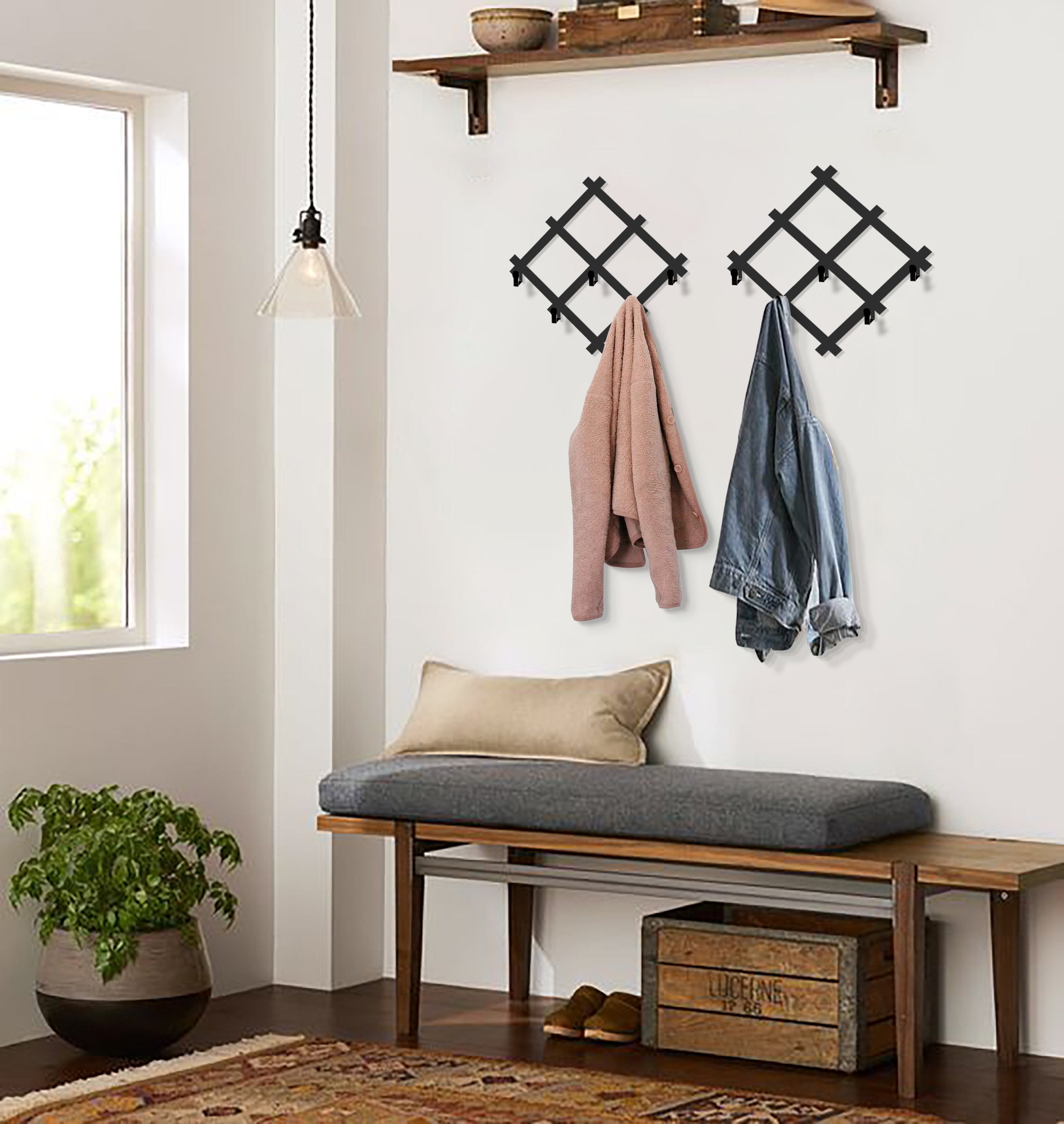 Coat Rack Stand, Industrial Hall Tree with Hooks, Mirror, Shoe