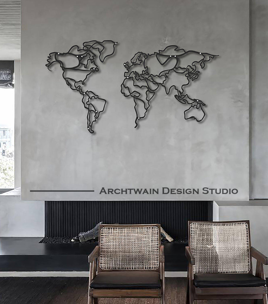 Metal duvar dekor-archtwain-Line - Metal World Map-home office decorations